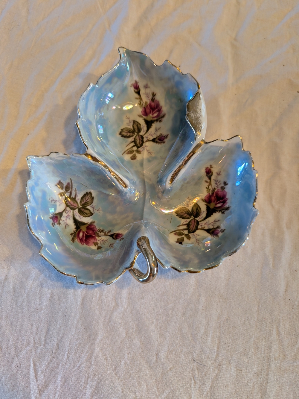 2/40$ Vintage Blue Leaf-Shaped Trinket Dish with Pink Rose Accents